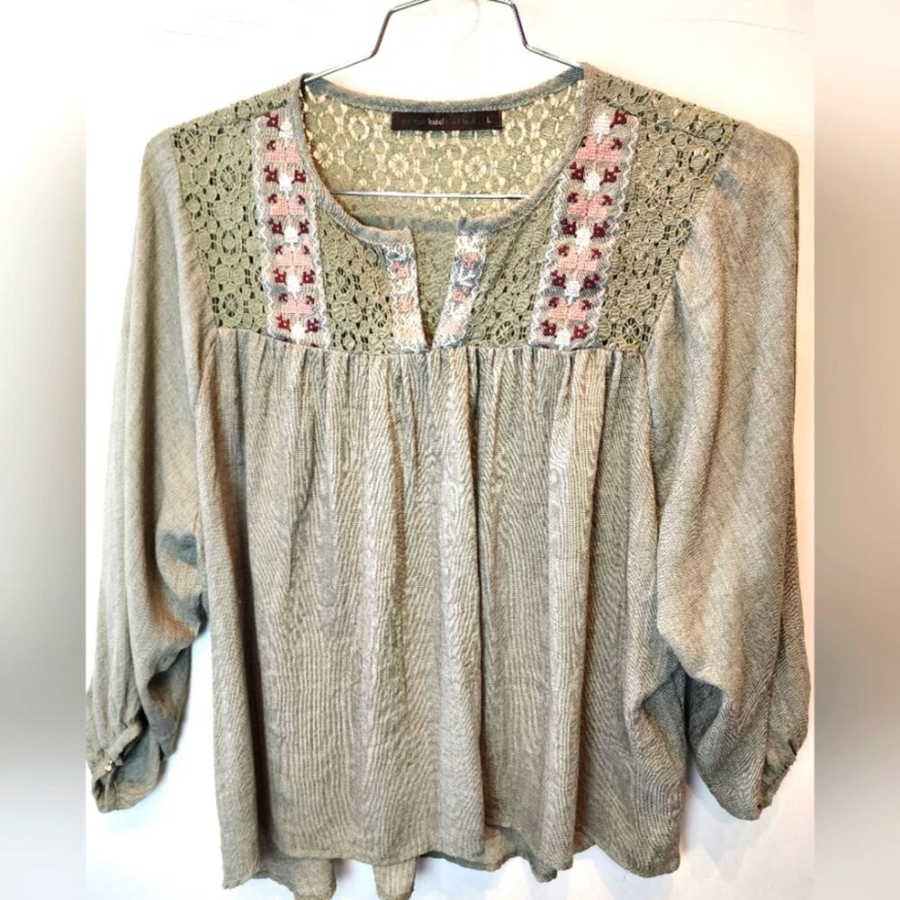 Hazel Green Boho Top Crochet Lace Style Boxy Lifhtweight Gypsey Tunic L